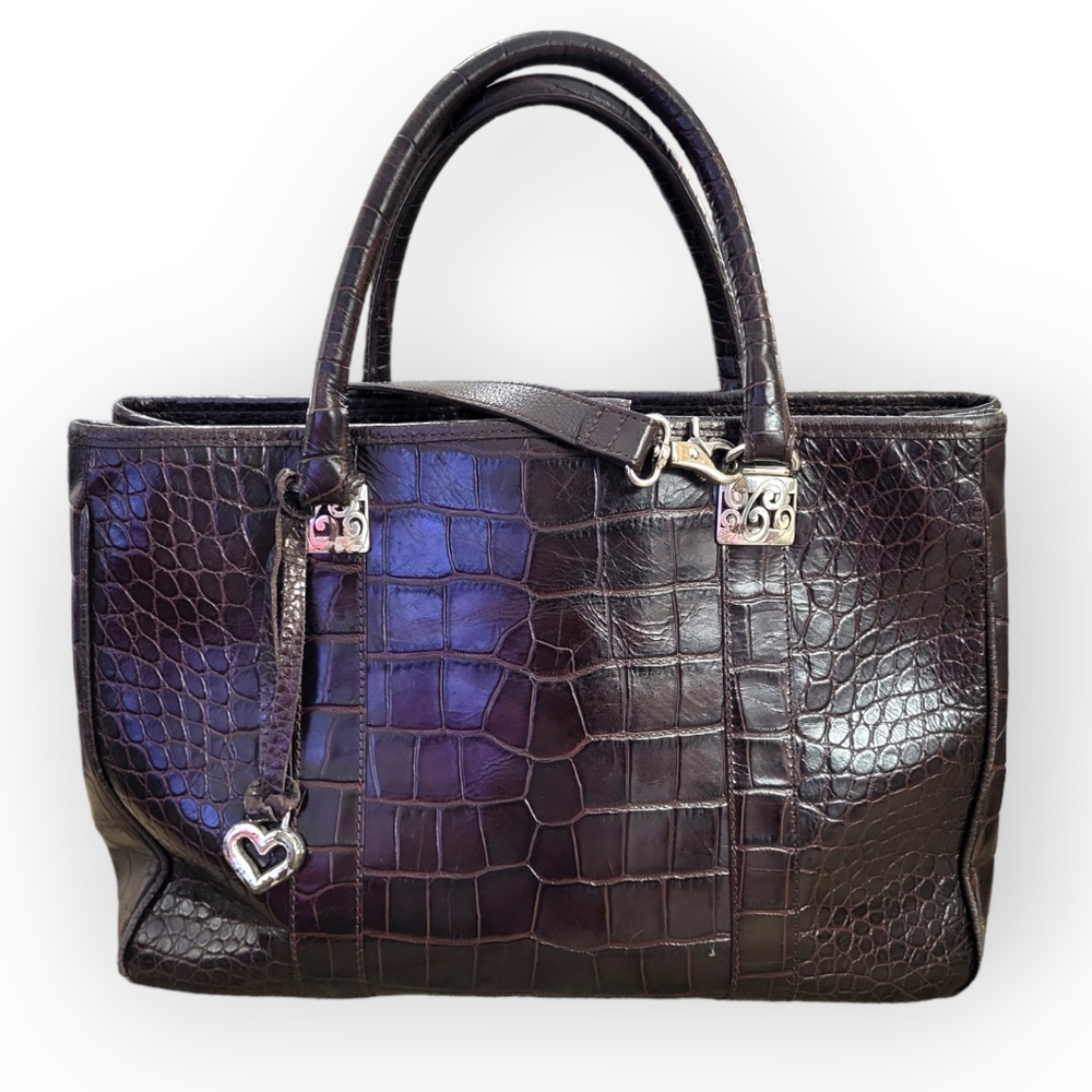 Brighton Monroe Croc Embossed Leather Satchel Bag with Shoulder Strap Brown